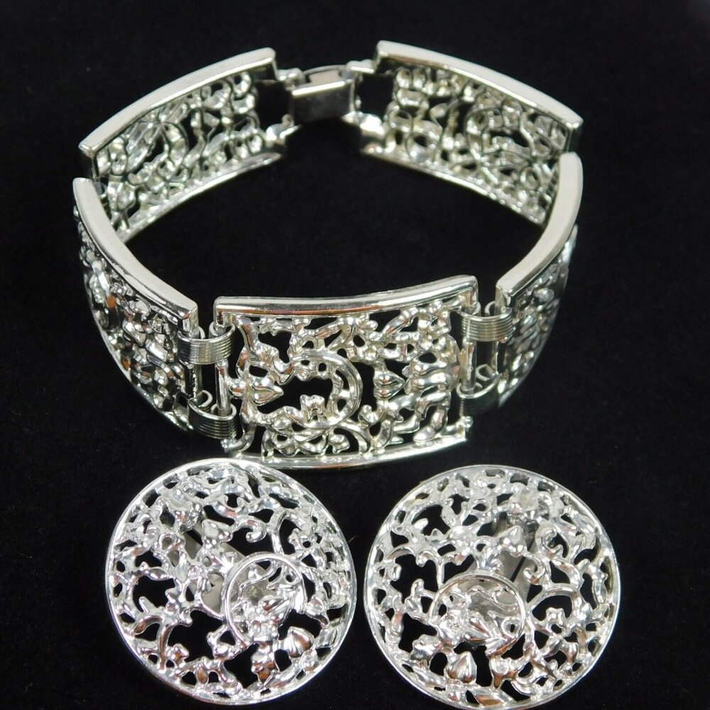 Silver Tone Clip On Round Earrings Bracelet Set Openwork Filigree Metal Lace